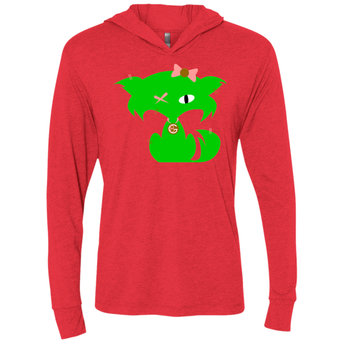 Fly Kitten Ladies Ventange Red T-Shirt Hooded with Lime Green Kitten and Medallion on Back