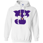 Fly Kat White Pullover Hoodie with Purple Kat and Medallion on Back