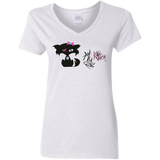 Fly Kitten Stop Bullying White V-Neck T-Shirt With Black Kitten