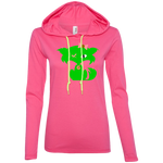 Fly Kitten Hot Pink Ladies T-Shirt Hoodie with Lime Green Kitten and Medallion on Back