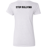 Fly Kitten Stop Bullying White V-Neck T-Shirt With Black Kitten