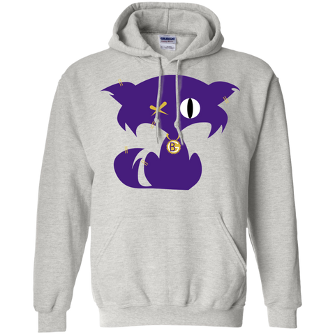 Fly Kat White Pullover Hoodie with Purple Kat and Medallion on Back