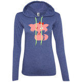 Fly Kitten Heather Blue Neon Green Drawstring Ladies T-Shirt Hoodie with Pink Kitten and Medallion on Back