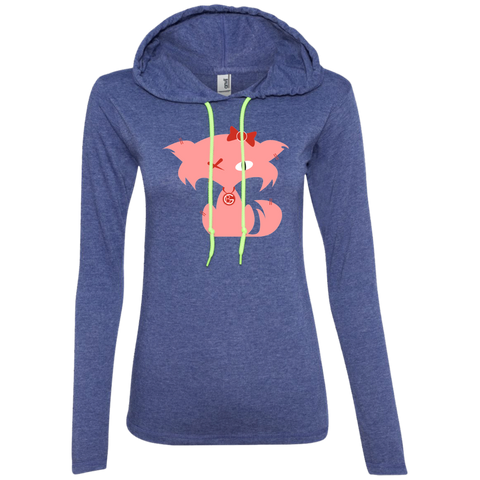 Fly Kitten Heather Blue Neon Green Drawstring Ladies T-Shirt Hoodie with Pink Kitten and Medallion on Back